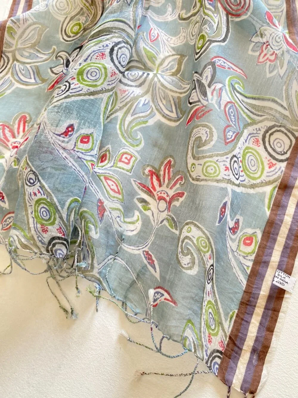 Silk Cotton Pastel Floral Large Rectangle Scarf Wrap Floral Fringed 70